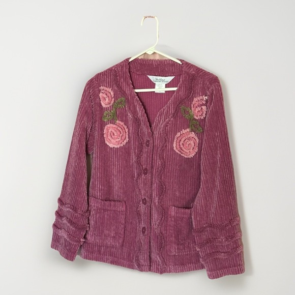 Vermont Country Store Sweaters - Vermont Country Store Chenille Cardigan Womens L Pink Floral Embroidered Cottage